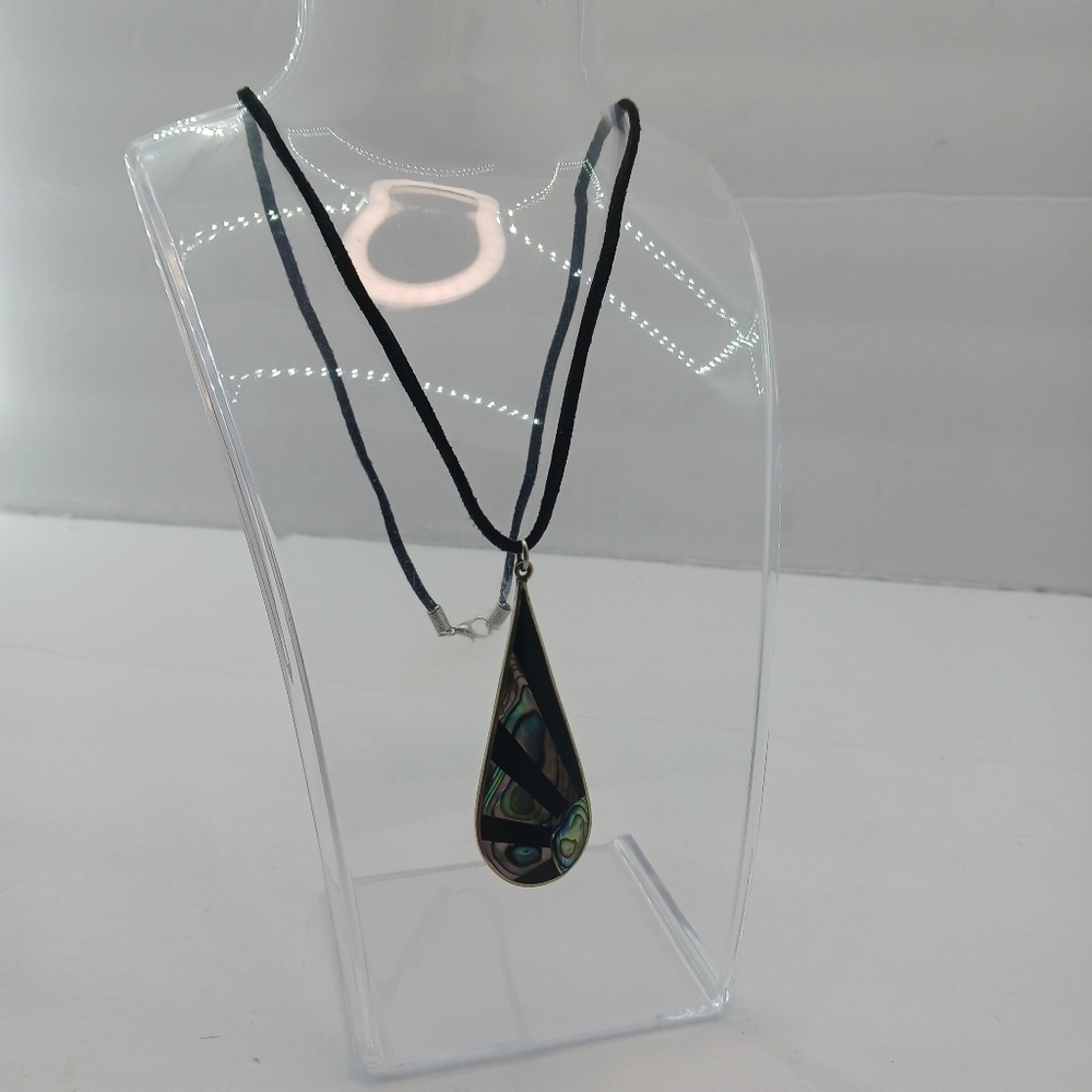 Vintage Tear Drop Women’s Medallion Cord Necklace Alpaca Mexico Abalone 2 in - Picture 5 of 6